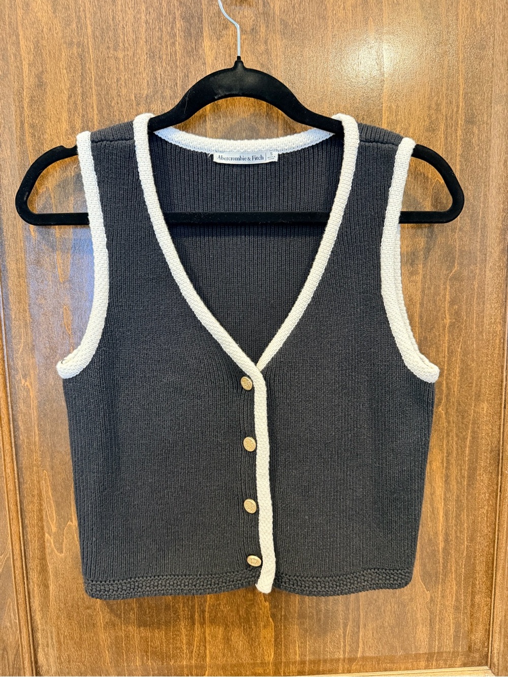 Abercrombie & Fitch Black Knit V-Neck Button Front Vest with Cream Trim